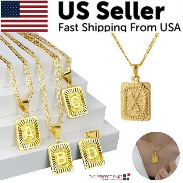 Gold Plated Initial Letter Pendant Necklace Stainless Steel Figaro Chain image 1