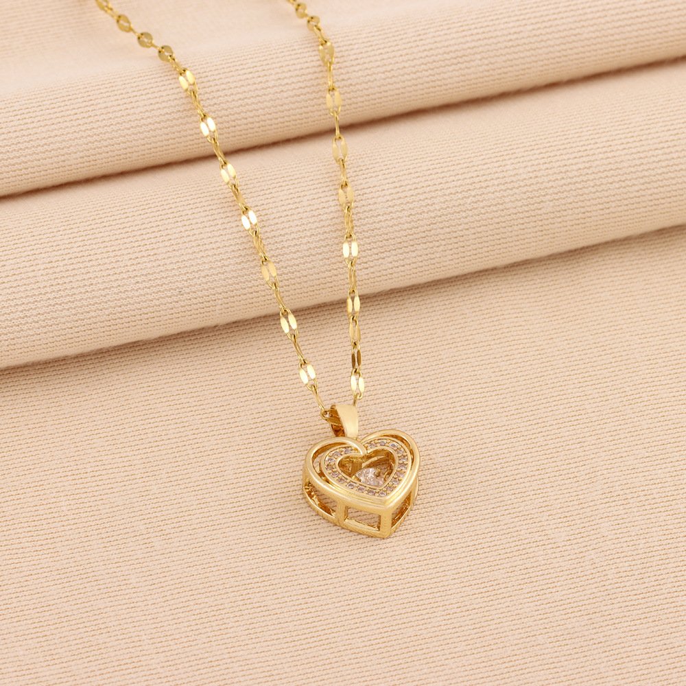 Double-layer Love Necklace With Rhinestones Titanium Steel Pendant Fashion Jewelry Woman Valentines Day Gift image 2