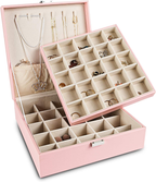 Earring Organizer Classic Jewelry Box 50 Slots Double Layer Jewelry Storage Case with 6 Necklace Hook and Bracelet Pocket(Pink) image 0