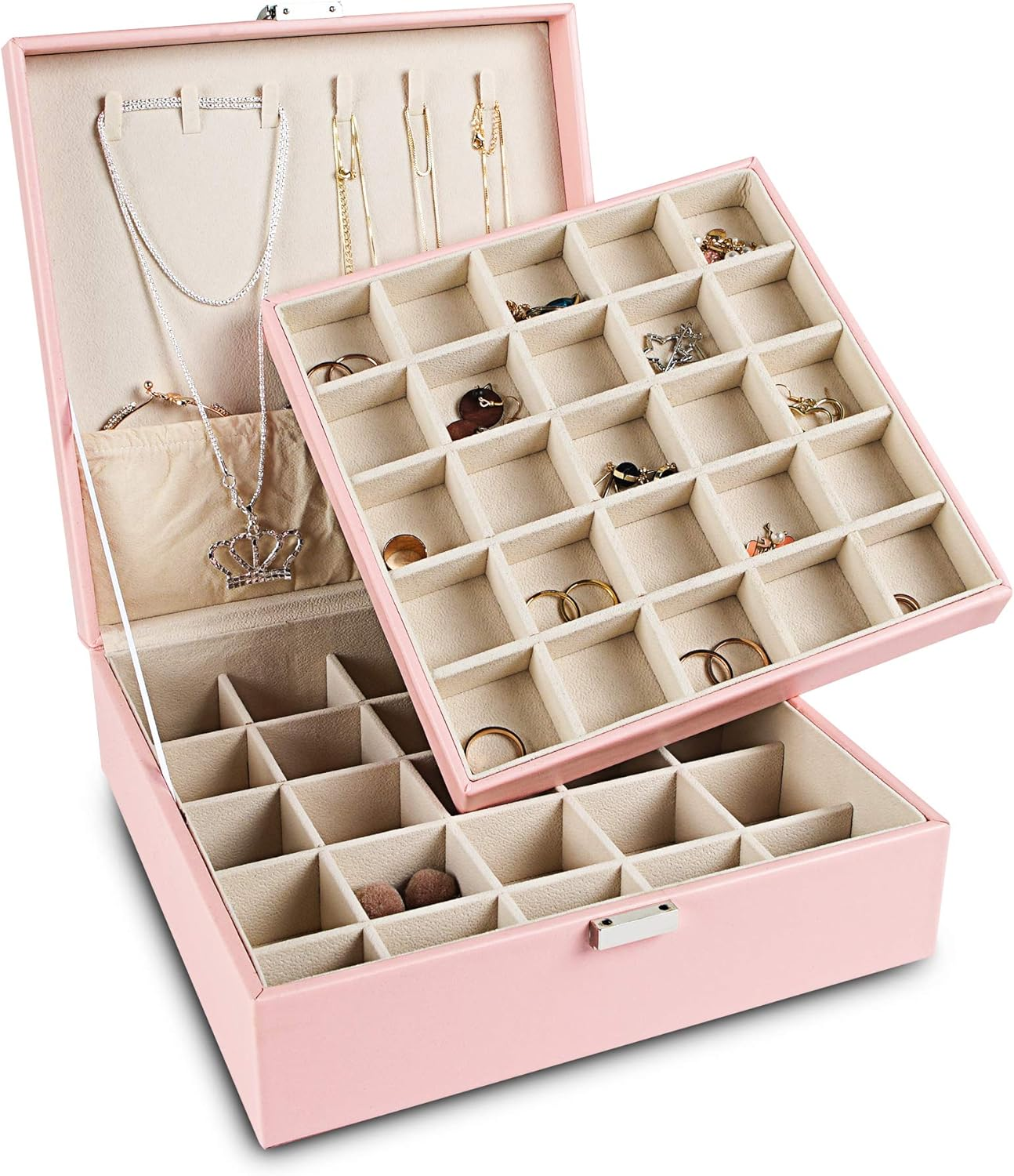 Earring Organizer Classic Jewelry Box 50 Slots Double Layer Jewelry Storage Case with 6 Necklace Hook and Bracelet Pocket(Pink) image 0