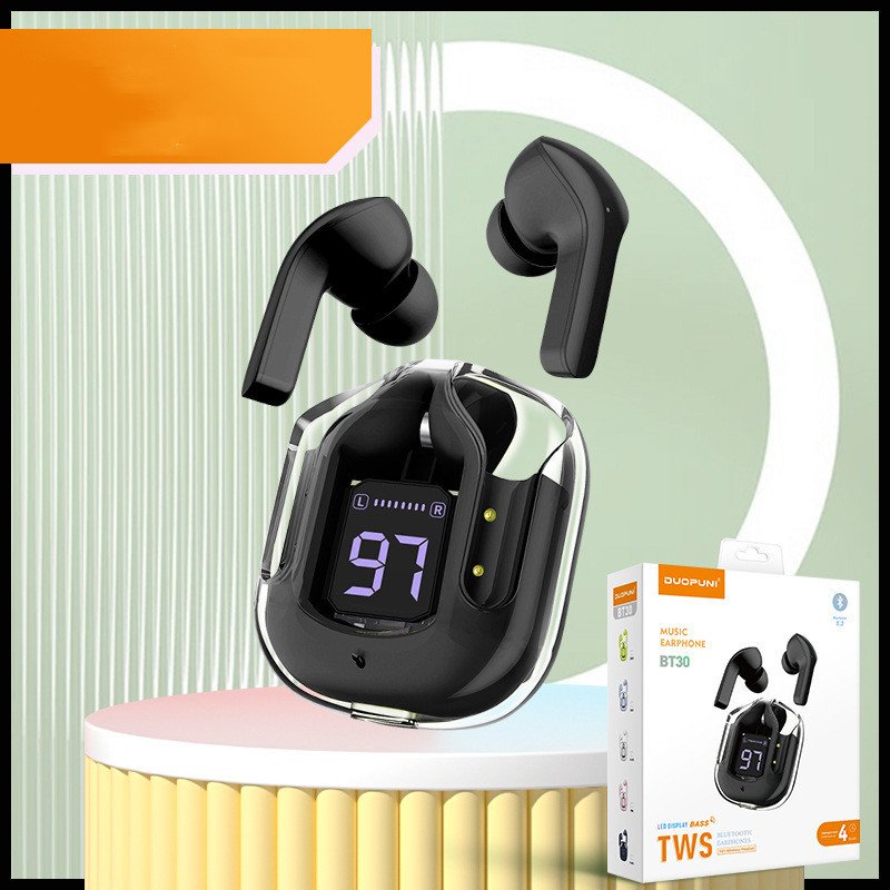 New Mini Transparent Wireless Bluetooth Headset Digital Display ENC Noise Reduction True Wireless Sports Music - Large gift box Black image