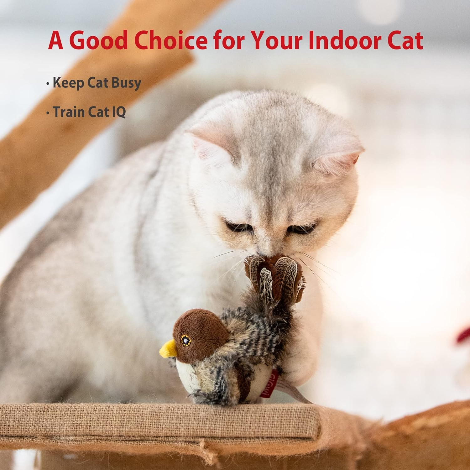 Chirping Bird Cat Toy Set, Interactive Chasing Toy for Indoor Cat, Motion Activated Kitten Play Toys, Squeaky Cats Animal Feather Toy for All Breeds Cats Kicker image 4