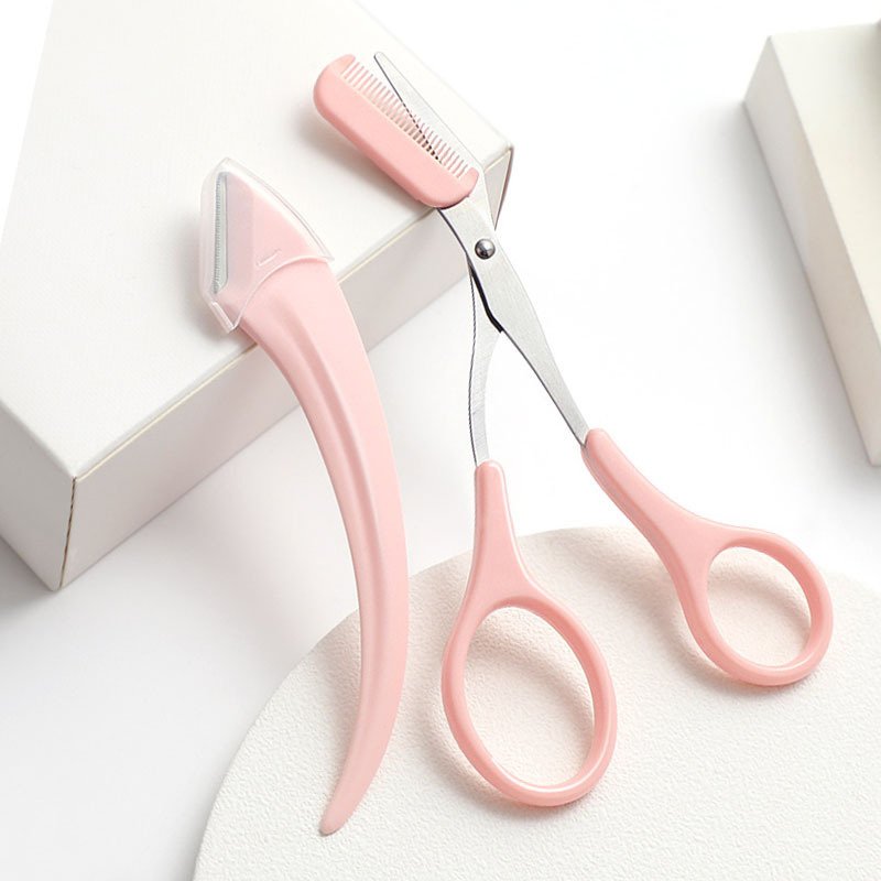 Eyebrow Trimming Knife With Comb Curved Moon Small Beauty Supplies Gadgets - Pink, Eyebrow knife cutting comb image