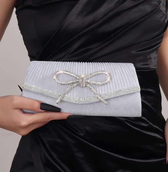 Bow Evening Bag Sparkly Clutch Purses For Women Wedding Glitter Rhinestone Party Prom Purse Dressy Clutch Bags - White image