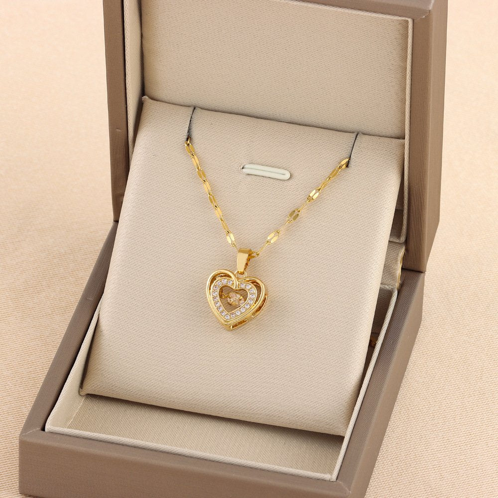 Double-layer Love Necklace With Rhinestones Titanium Steel Pendant Fashion Jewelry Woman Valentines Day Gift image 1