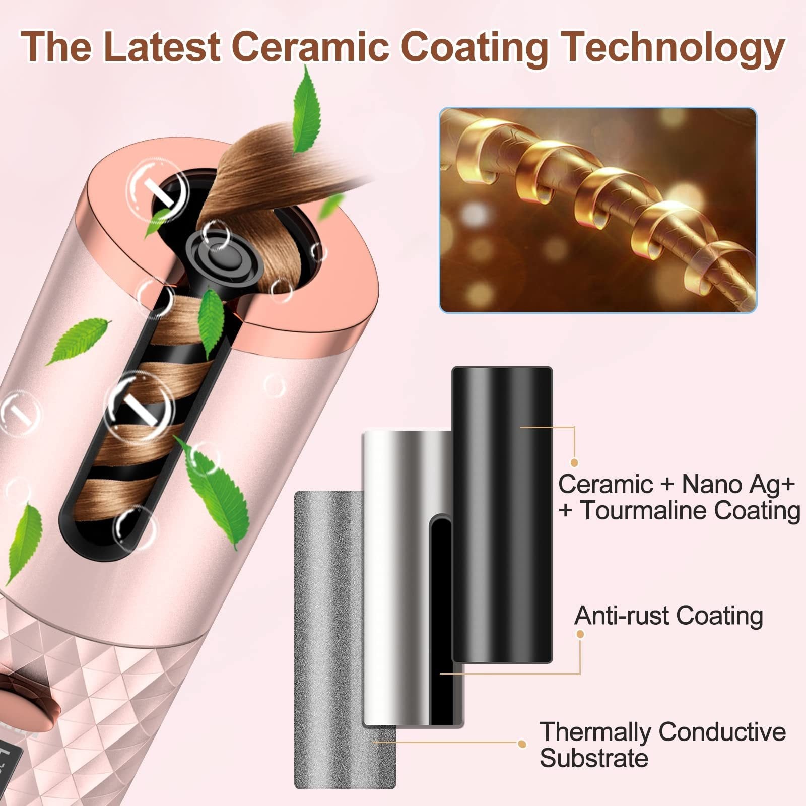 Portable Automatic Hair Curler, Ceramic Rotating Wireless Auto Curling Iron Wand, Portable USB Rechargeable Spin Curler For Hair Styling image 3