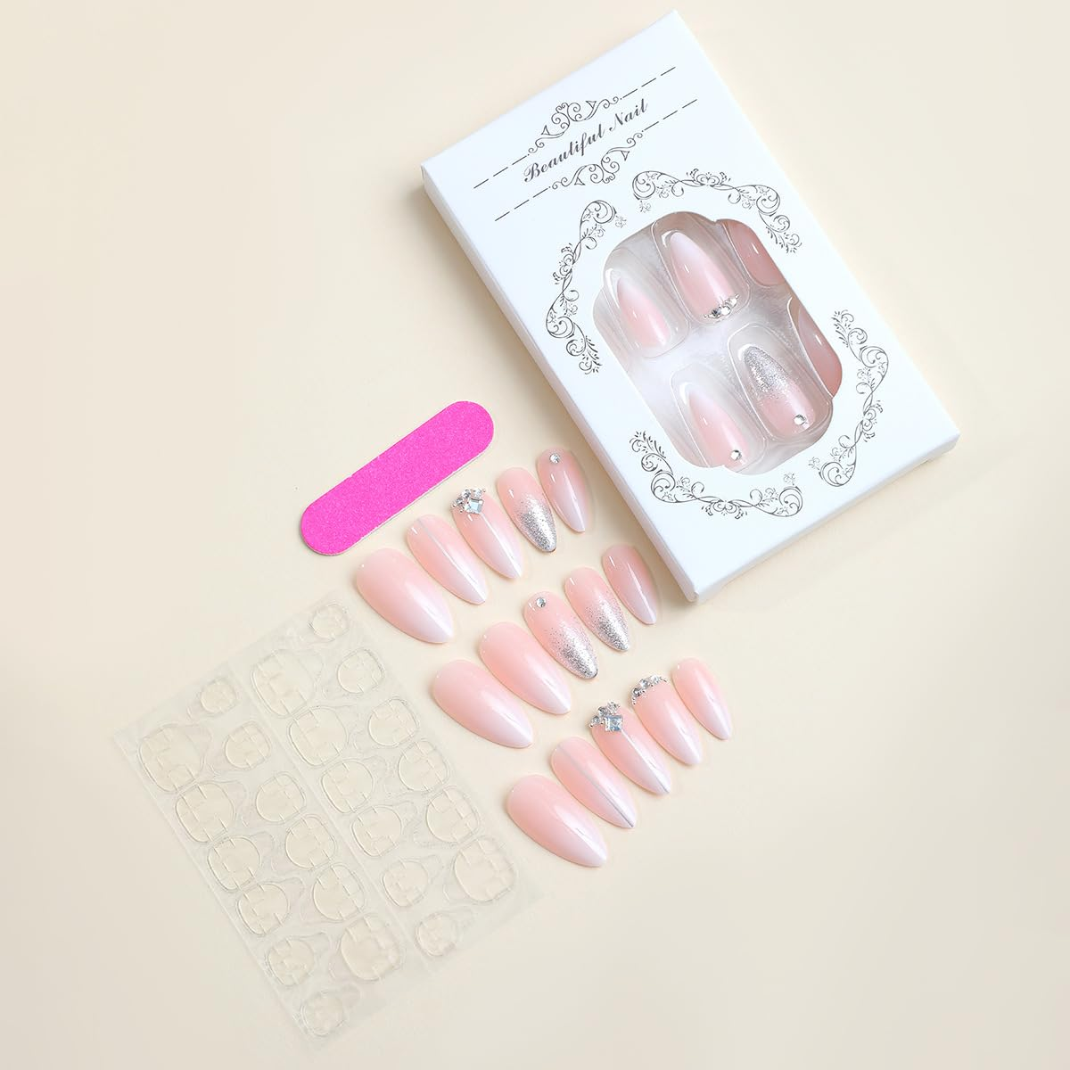 Medium Press on Nails Almond Ombre White Pink Silver Fake Nails Rhinestone Bling Glue on Nails Women Cute Stick on Nails for Acrylic Gel False Nails Wedding Birthday image 1