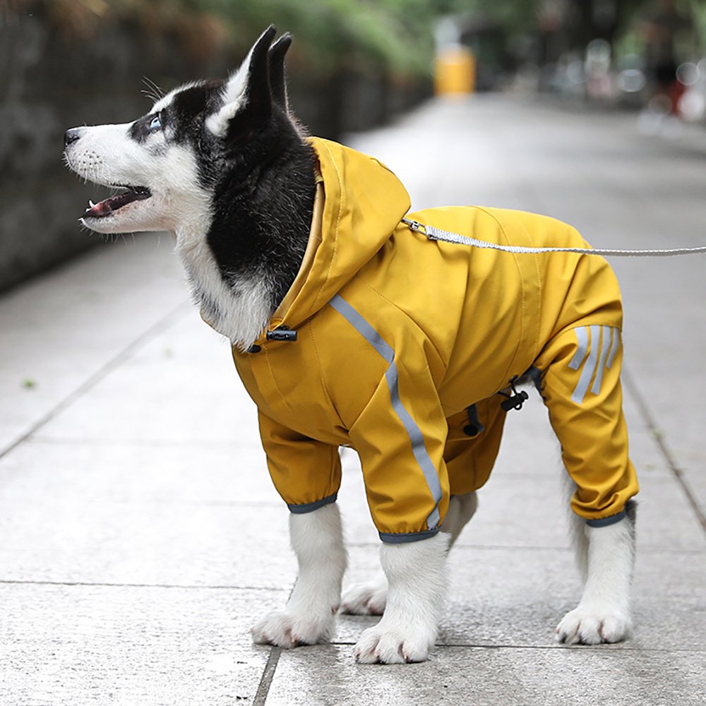 Dog Raincoat With Reflective, Waterproof Dog Rain Jacket With Hood, Leash Hole, Reflective Strap For Small Medium Dogs, Lightweight Puppy Clothes - L image