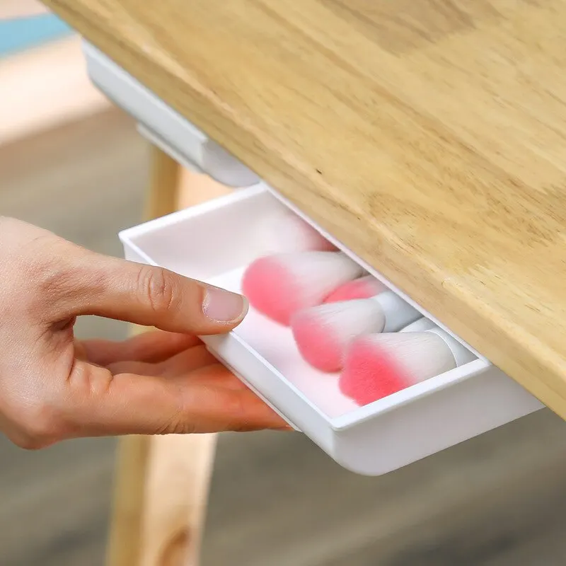 1Pc White Selfadhesive Storage Drawer Box Makeup Pencil Tray Desk Hidden under Desk Stand Self-Adhesive Under-Drawer Storage Box image 4