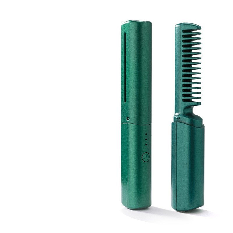 Professional Wireless Hair Straightener Curler Comb Fast Heating Negative Ion Straightening Curling Brush Hair Styling Tools - Green image