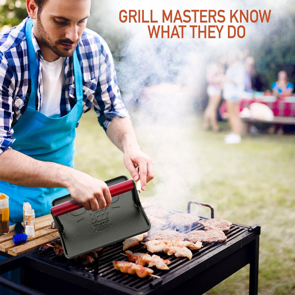 The Beef Master Cast Iron Grill Press - XL Burger Press, Pre-Seasoned Griddle Press, Heavy Duty Meat Press for Bacon, Burgers, and Steak with Cool Touch Handle - 10”X10”X4” image 5