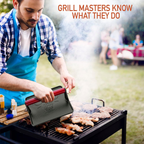 The Beef Master Cast Iron Grill Press - XL Burger Press, Pre-Seasoned Griddle Press, Heavy Duty Meat Press for Bacon, Burgers, and Steak with Cool Touch Handle - 10”X10”X4” image 5