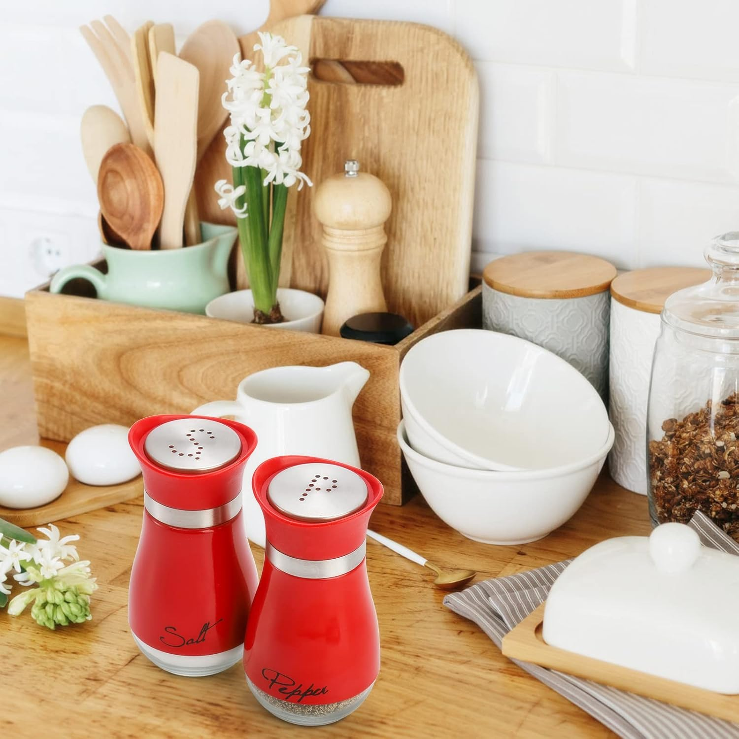4 Ounces Red Salt and Pepper Shakers Set, Elegant Stainless Steel with Glass Bottom image 5