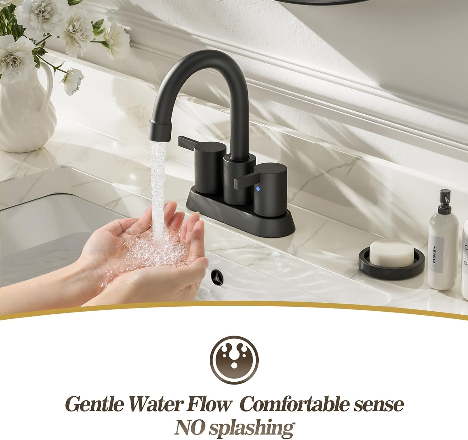 4 Inch 2 Handle Centerset Matte Black Lead-Free Modern Bathroom Faucet, 360 Swivel Spout 2-3 Hole RV Bathroom Vanity Sink Faucet with Pop up Drain and Water Supply Lines，Bf015-1-Mb image 2