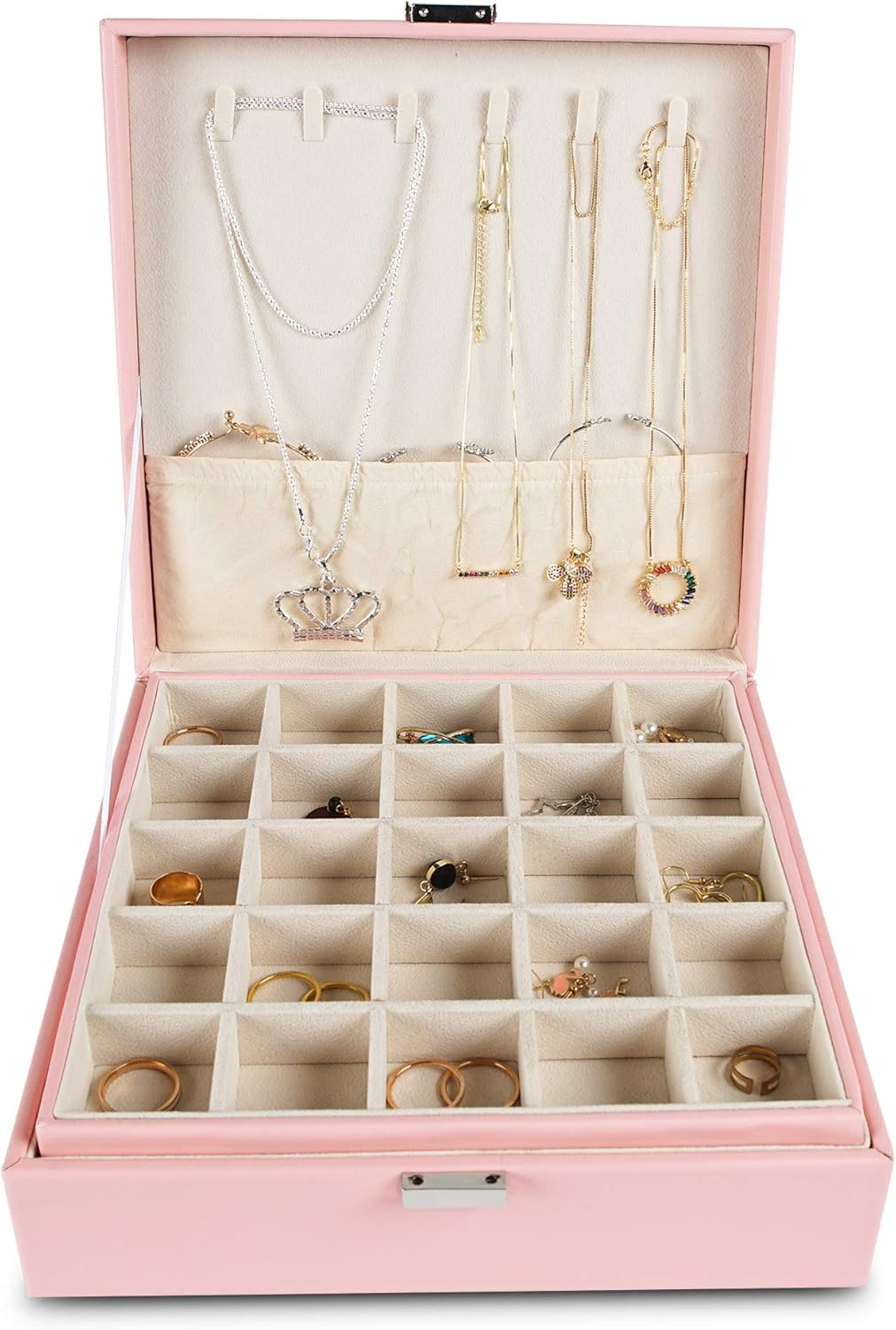 Earring Organizer Classic Jewelry Box 50 Slots Double Layer Jewelry Storage Case with 6 Necklace Hook and Bracelet Pocket(Pink) image 1