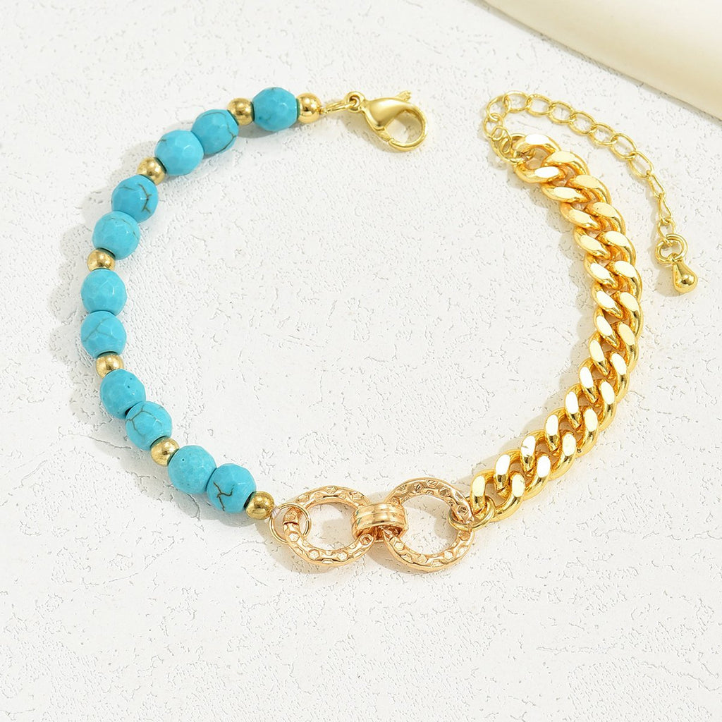 A Creative And Luxurious Instagram Style Double Ring Turquoise Multi Chain Mixed Bead Bracelet For Women's Vacation And Date Gifts - 1piece image