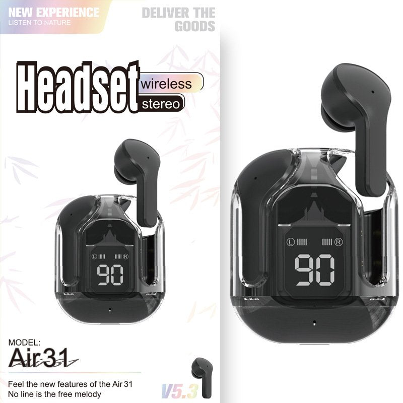 New Mini Transparent Wireless Bluetooth Headset Digital Display ENC Noise Reduction True Wireless Sports Music - Black Extra Long Range image