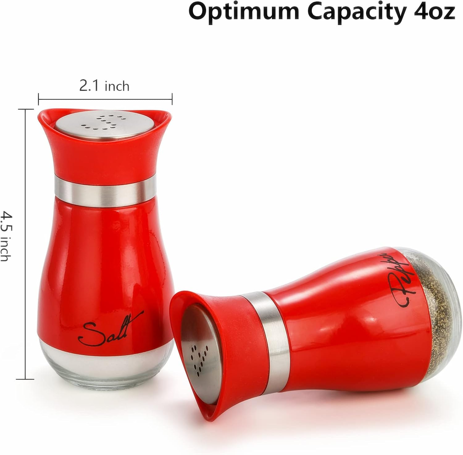 4 Ounces Red Salt and Pepper Shakers Set, Elegant Stainless Steel with Glass Bottom image 1