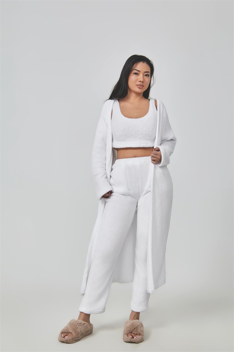 Cozy Pajama Set, 3 Piece Lounge Set, Cute Loungewear, Warm Suit Sets, Matching Set, Lounge Set, 3 Piece Pant Sets, Women Winter Dress - White, L image