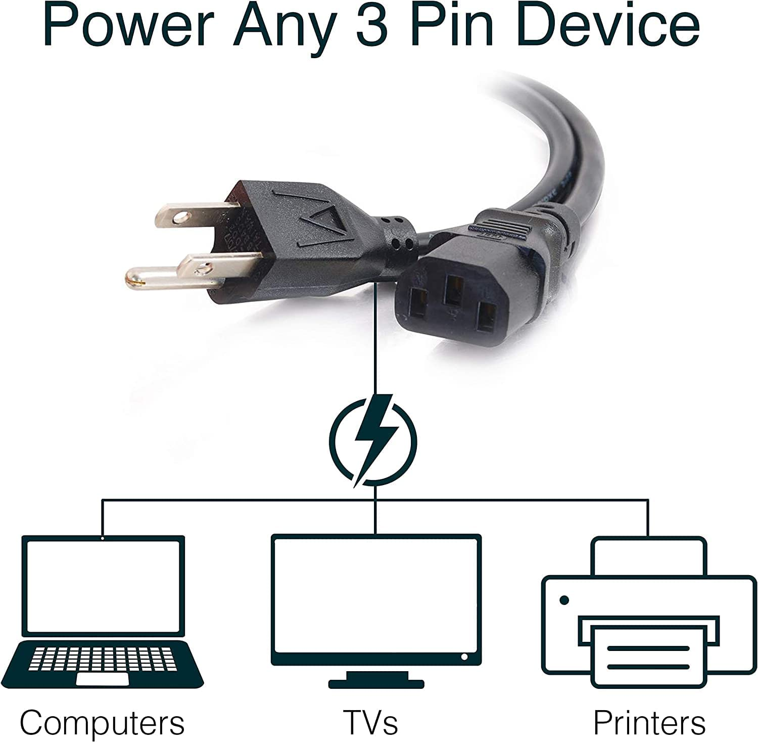 3FT Replacement AC Power Cord - Power Cable for Electronics, TV, Computer, Printer, Radio, Monitor, Samsung, Dell, Vizio, LG, Asus, Laptop and More (03129) image 1