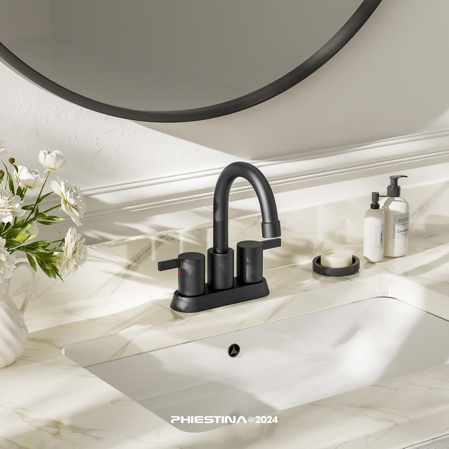 4 Inch 2 Handle Centerset Matte Black Lead-Free Modern Bathroom Faucet, 360 Swivel Spout 2-3 Hole RV Bathroom Vanity Sink Faucet with Pop up Drain and Water Supply Lines，Bf015-1-Mb image 1