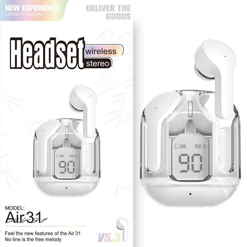 New Mini Transparent Wireless Bluetooth Headset Digital Display ENC Noise Reduction True Wireless Sports Music - White Extra Long Range image