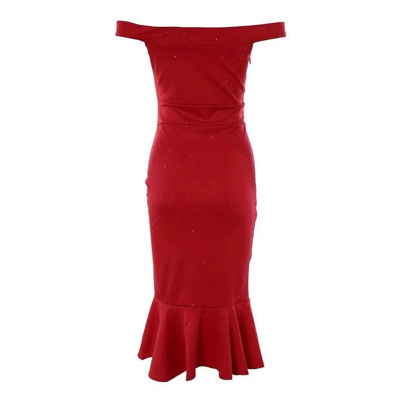 2025 Women's Solid Color Ruffled High-Slit Bodycon Dress Sparkling Off-Shoulder Party Dress For Summer image 1