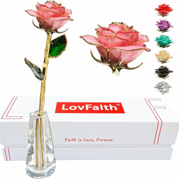 Mother Day Gift Real Rose Dipped 24K Gold with Crystal Stand, Best Anniversary Rose Gift for Her Wife Mother Birthday Christmas (C41. Pink -Thick Gold Blooming)