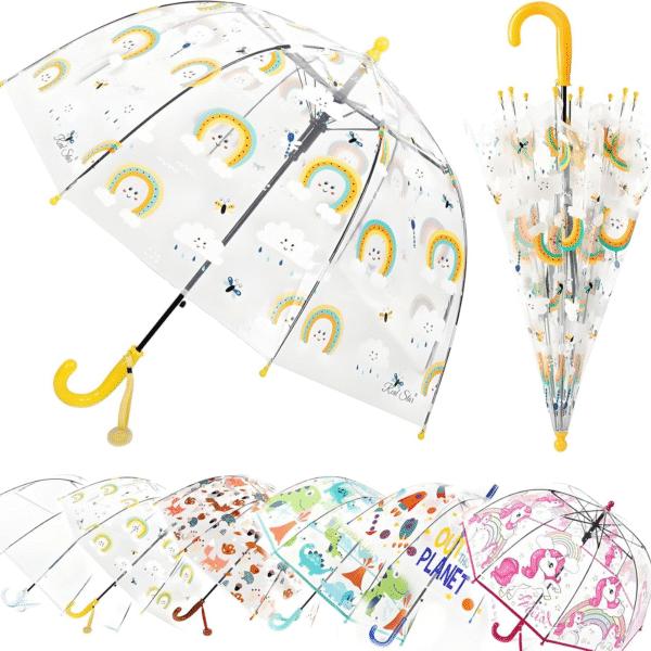 Kids Clear Bubble Umbrella with an Easy Grip Curved Handle, Safety Transparent Dome Bubble Umbrella for Toddler Boys Girls