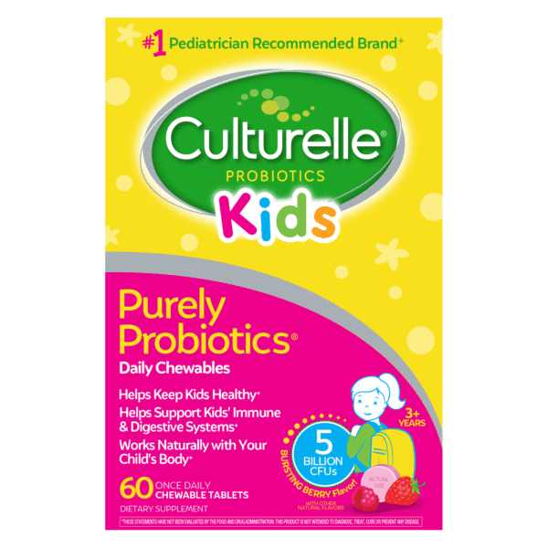 Culturelle Kids Chewable Daily Probiotic for Kids, Ages 3+, No.1 Pediatrician-Recommended Brand, Natural Berry, Daily Probiotics for Digestive Health, Oral Care & Immune Support, 2 Month Supply