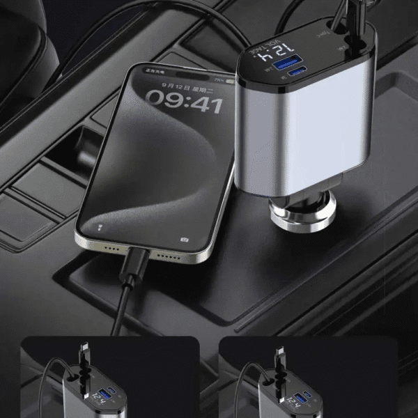 Retractable Car Charger, 4 in 1 Fast Charging Car Charger 120W, Retractable Cable and 2 USB Ports Car Charger Adapter Compatible