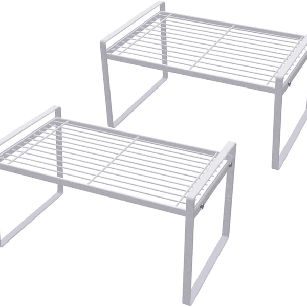 2 Pack Kitchen Cabinet Shelf Counter Organizer Rack Pantry Storage Bathroom Bedroom Office Table Desk Space Saving Steel Frame Stackable Rust Resistant Non Slip White