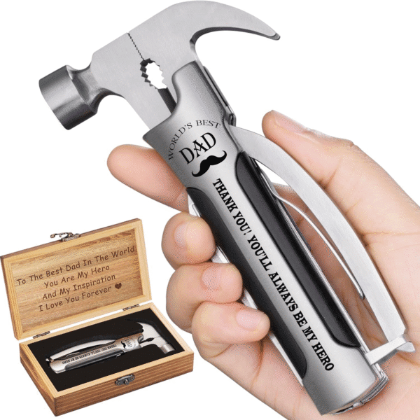 All in One Survival Tools Hammer Multitool with Engraved Wooden Box, Dad Gifts for Christmas, Cool Gifts for Dad Stepdad Who Wants Nothing, Stocking Stuffers for Dad, Personalized Gifts