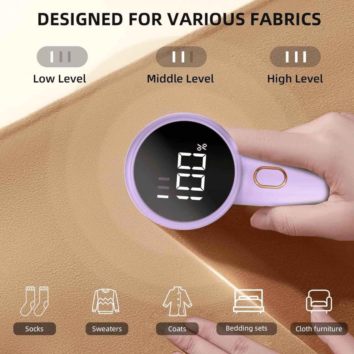 Fabric Shaver, Lint Remover Rechargeable, Electric Portable Sweater Defuzzer with 3 Speeds, 6 Leaf Blades, Digital LED Display to Remove Pilling for Clothes, Furniture, Sweater, Couch, Blanket - Image 6