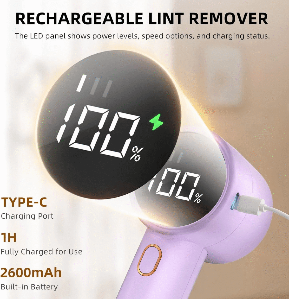Fabric Shaver, Lint Remover Rechargeable, Electric Portable Sweater Defuzzer with 3 Speeds, 6 Leaf Blades, Digital LED Display to Remove Pilling for Clothes, Furniture, Sweater, Couch, Blanket - Image 4