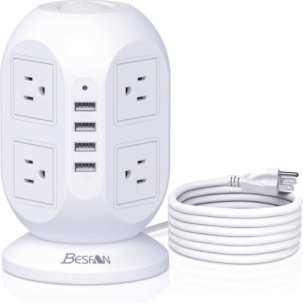 Tower Surge Protector Power Strip,  10 Ft Extension Cord with Multiple Outlets, 1050J Surge Protector, 8 Outlets 4 USB Ports Charging Station for Home Office Supplies Desk Accessories