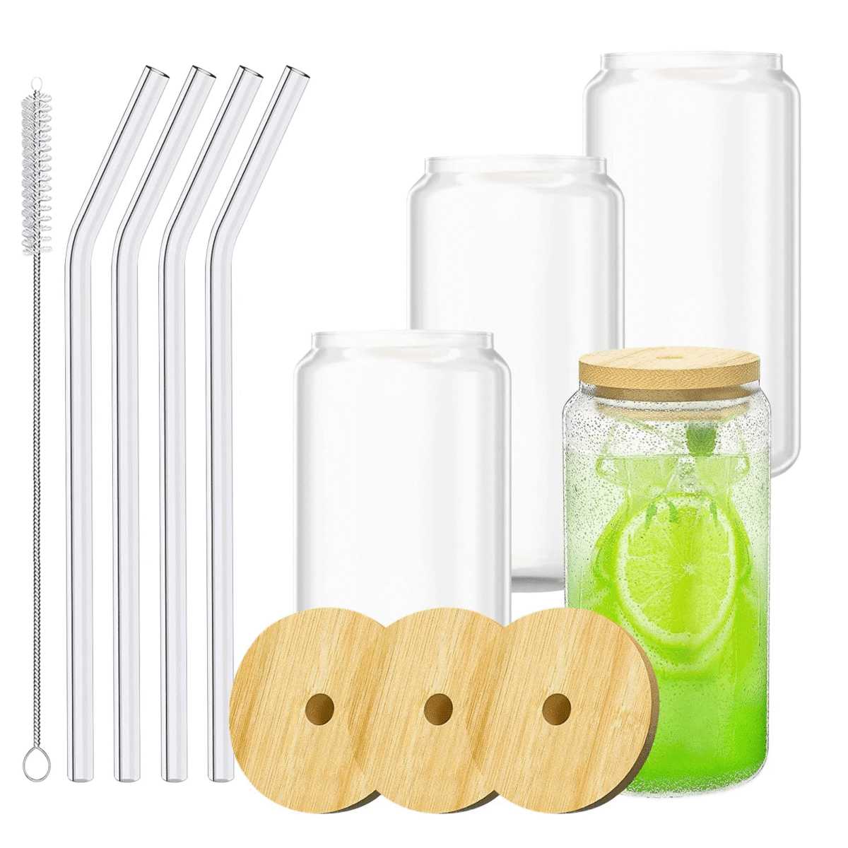 Bamboo Lid Glass Cups with Glass Straw, Beer Can Shaped Drinking Glasses, 16 Oz - Ideal for Whiskey, Soda, Tea, Water, Gift (4 Pack) - Image 1